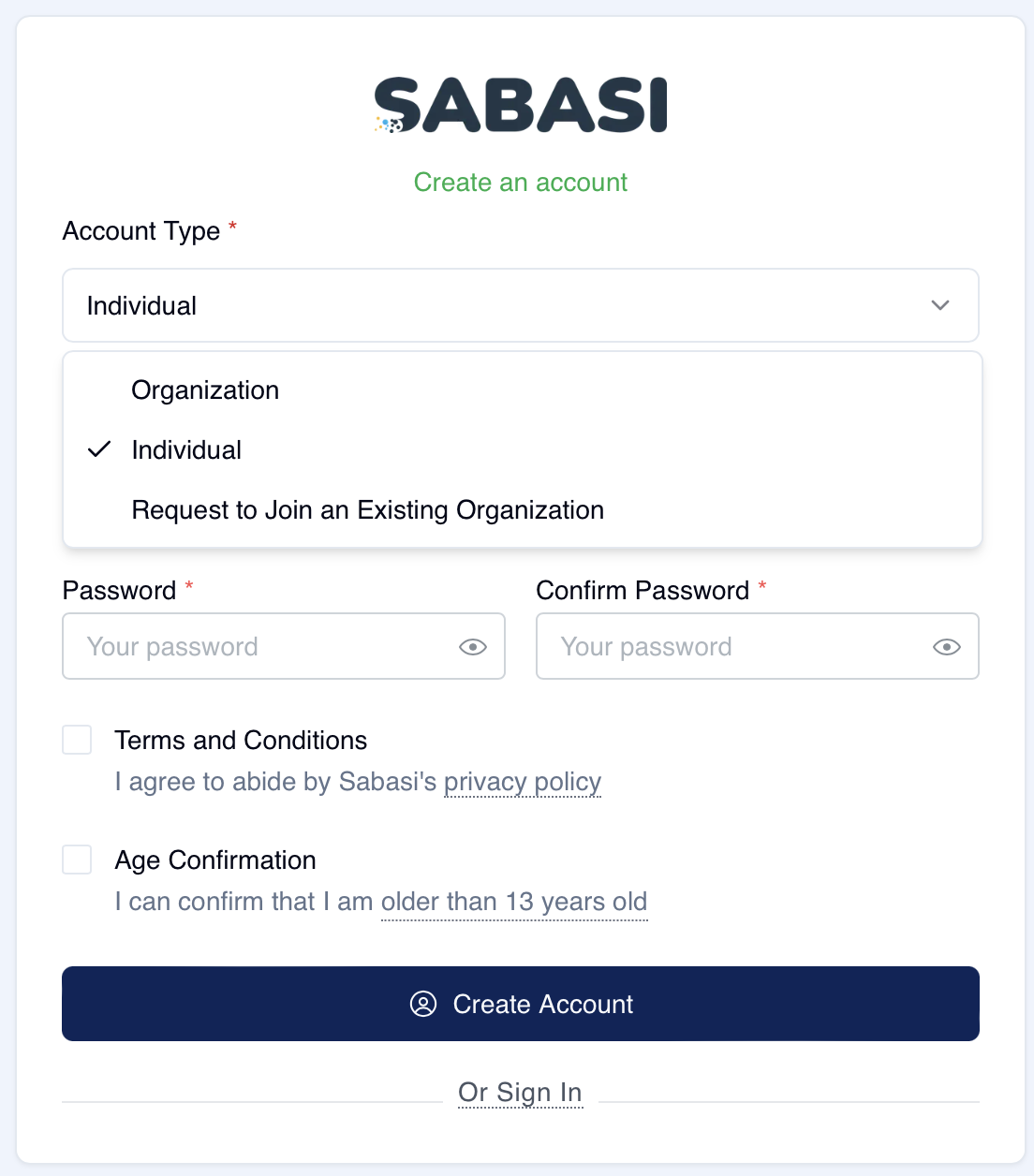 Create a new organization or individual account on the web app