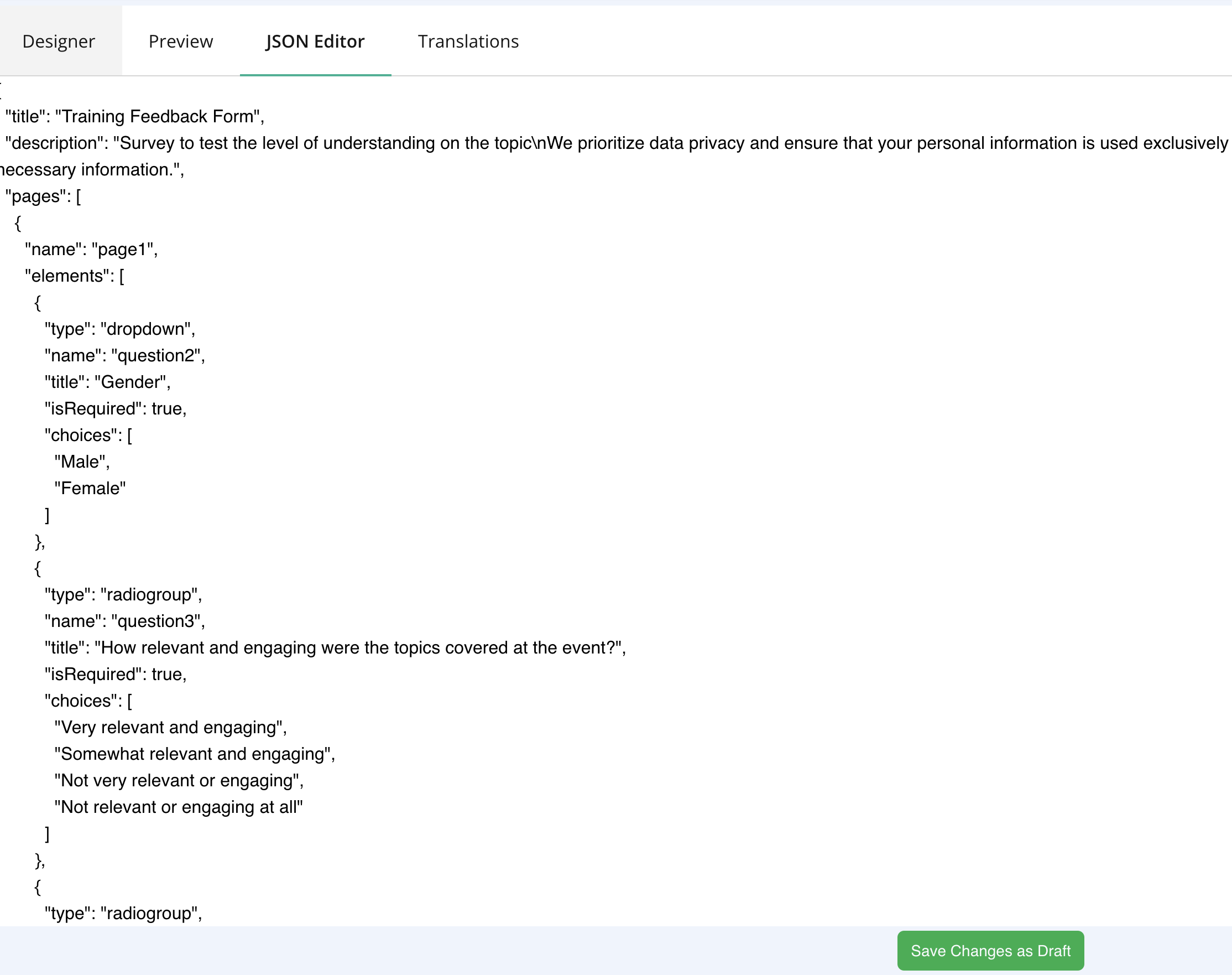 Survey Creator – Left panel – JSON Mode