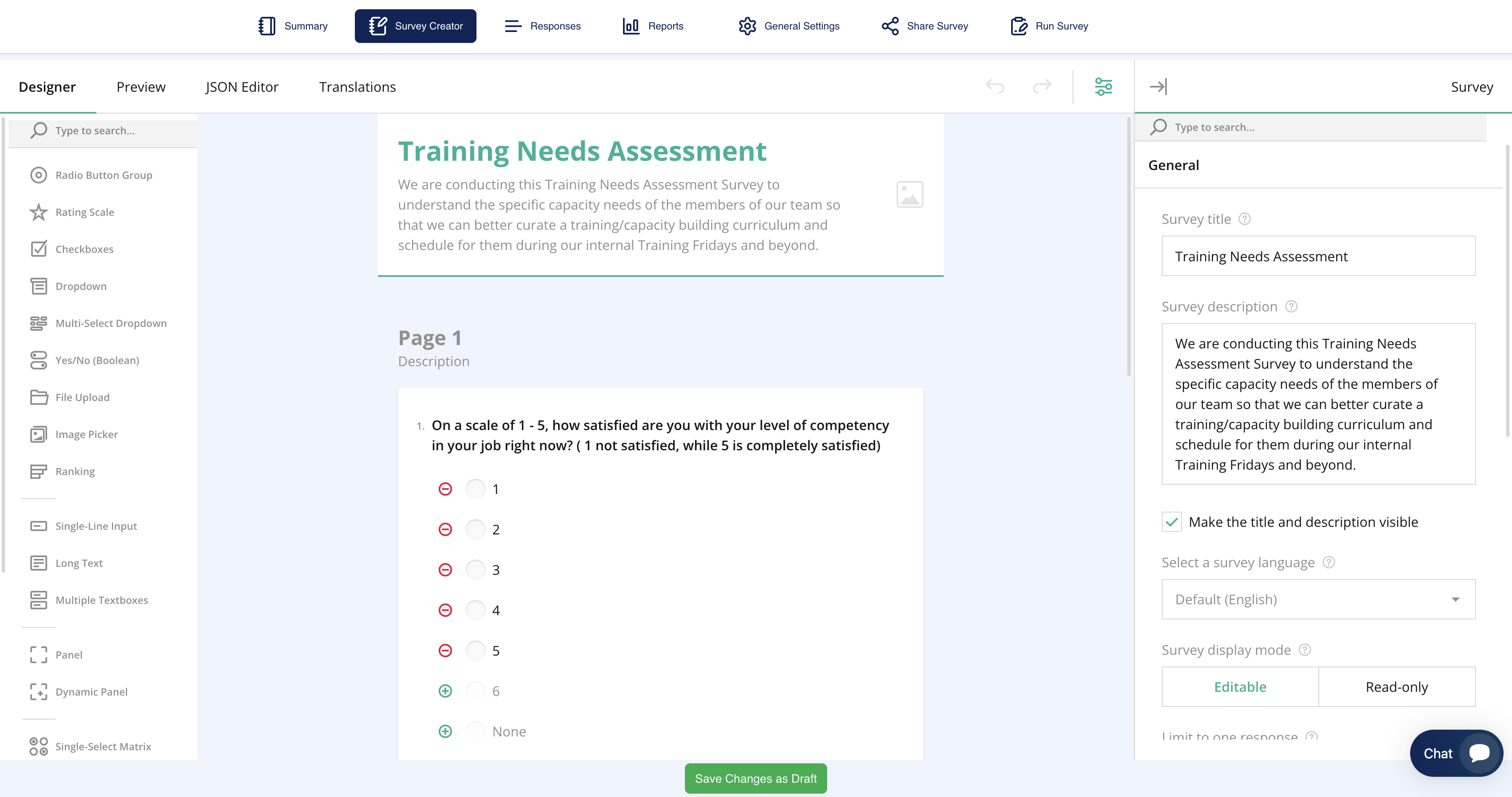 Survey Creator – Middle panel – Survey Layout