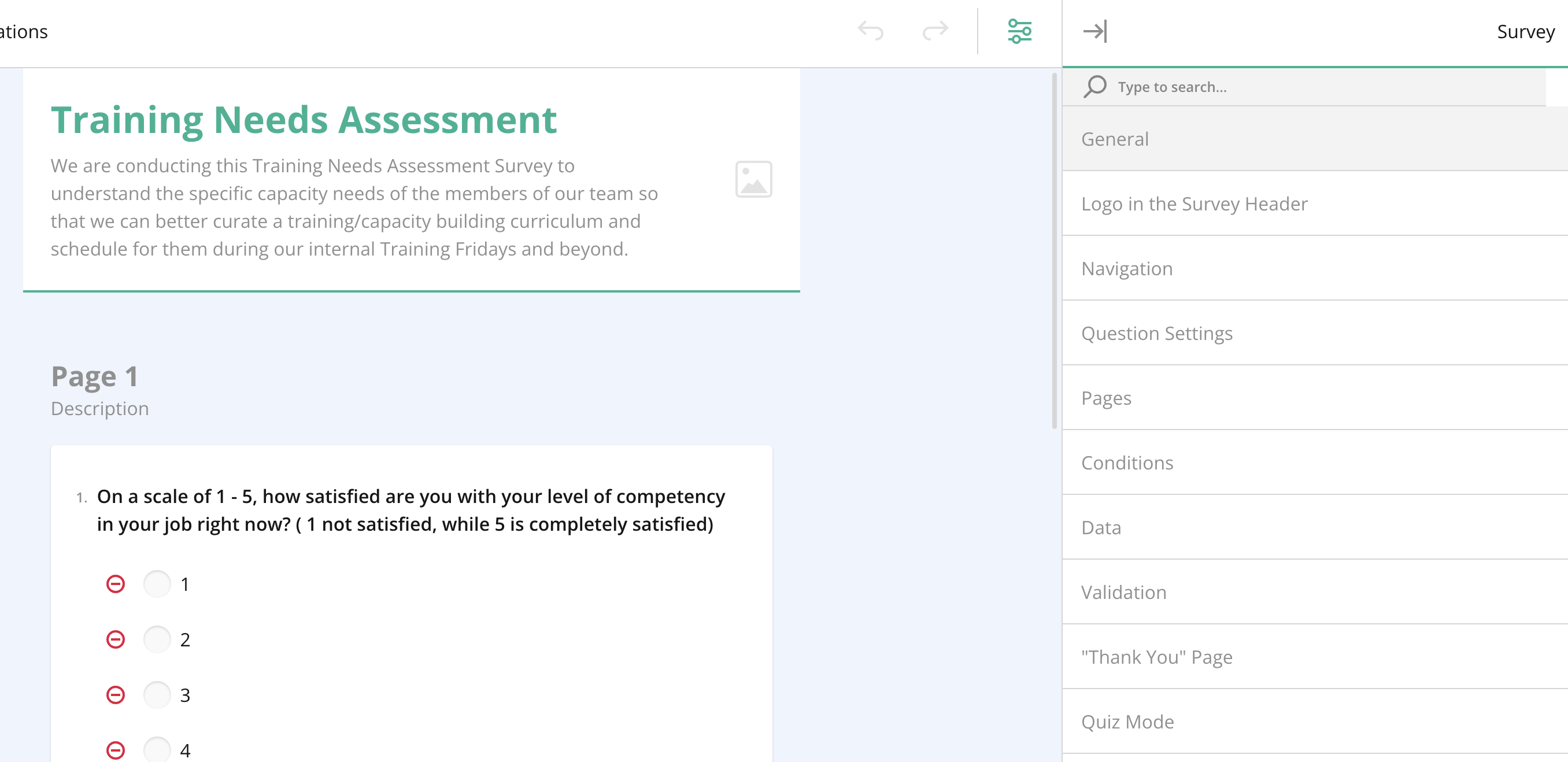 Survey Creator – Right panel – Survey Layout -General Survey Settings (No Question Selected) – General Section