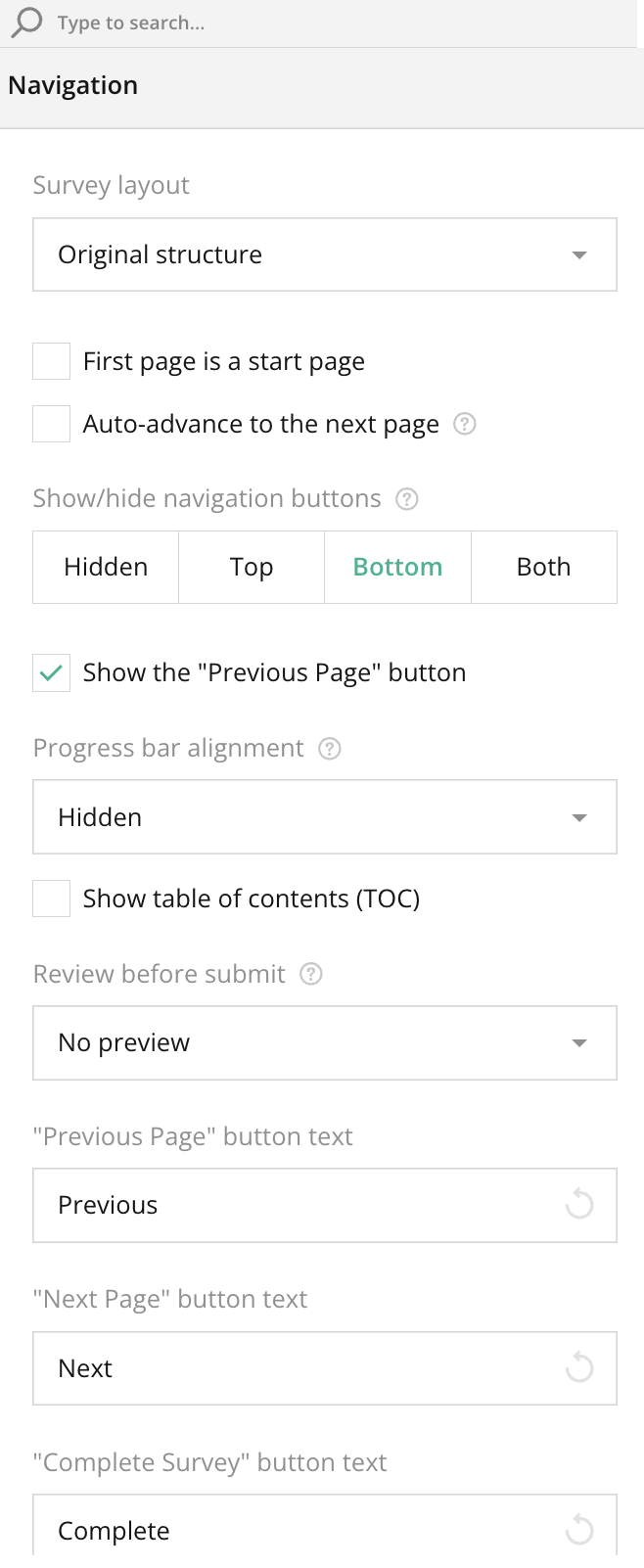 Survey Creator – Right panel – Survey Layout -General Survey Settings (No Question Selected) – Navigation Section