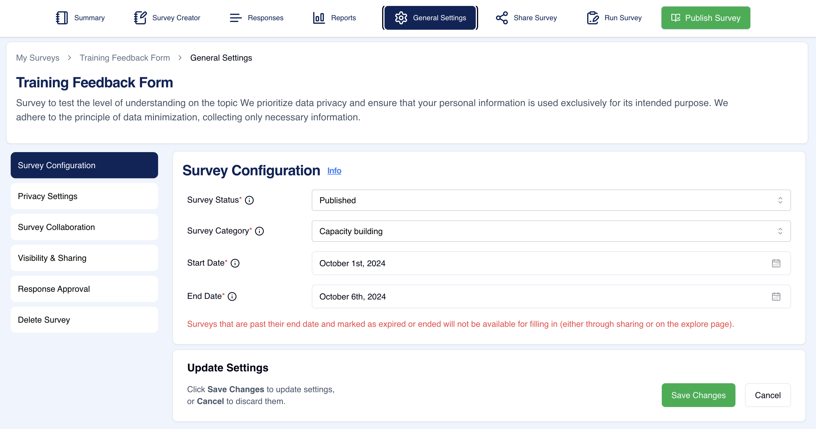 Survey General Settings – Survey Configuration