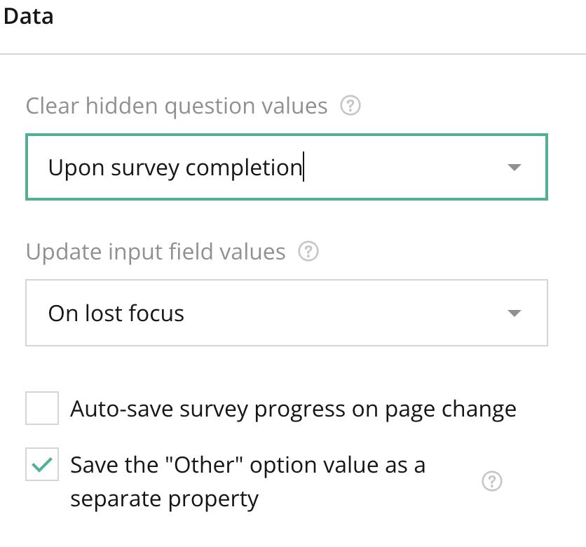 Survey Creator – Right panel – Survey Layout -General Survey Settings (No Question Selected) – Data Section