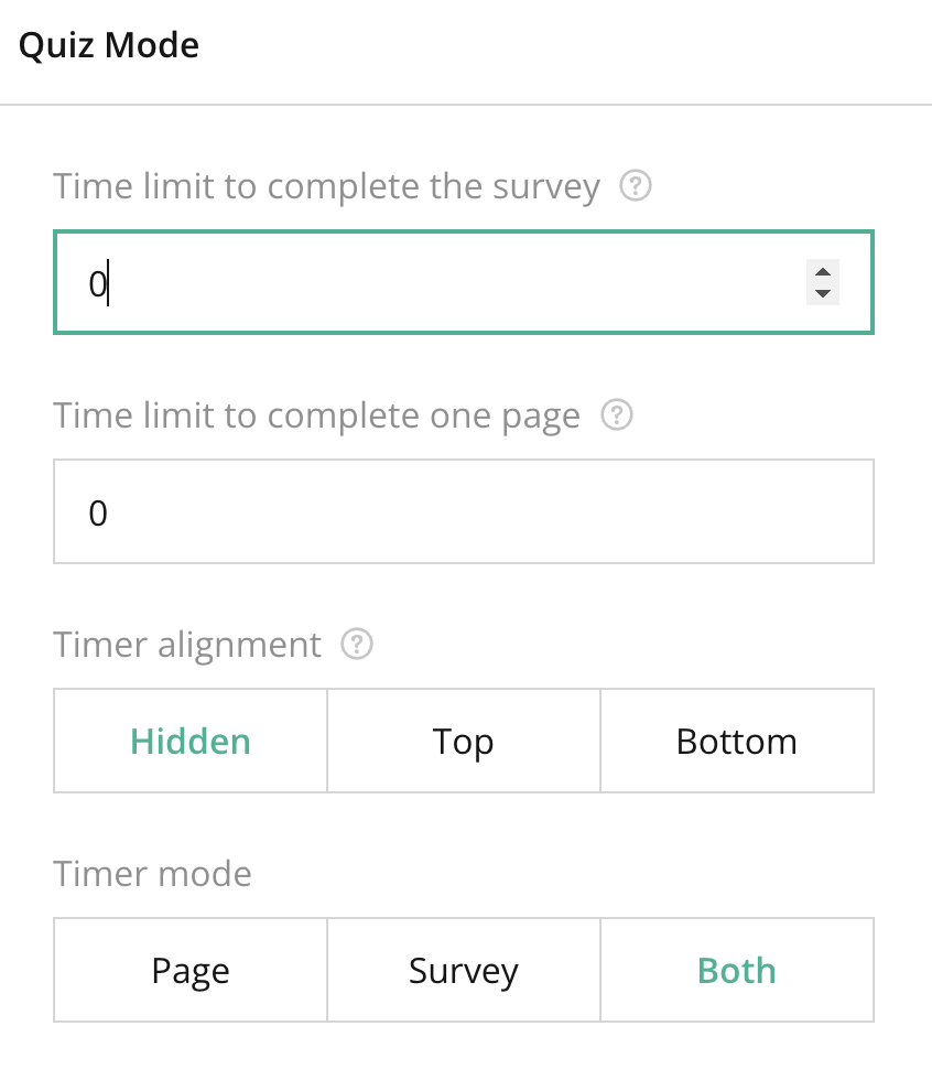 Survey Creator – Right panel – Survey Layout -General Survey Settings (No Question Selected) – Quiz mode Section