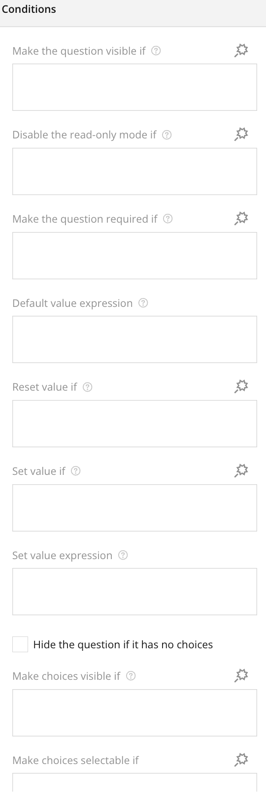 Survey Creator – Right panel – Survey Layout -Individual Question Settings (Question Selected)  – Conditions Section