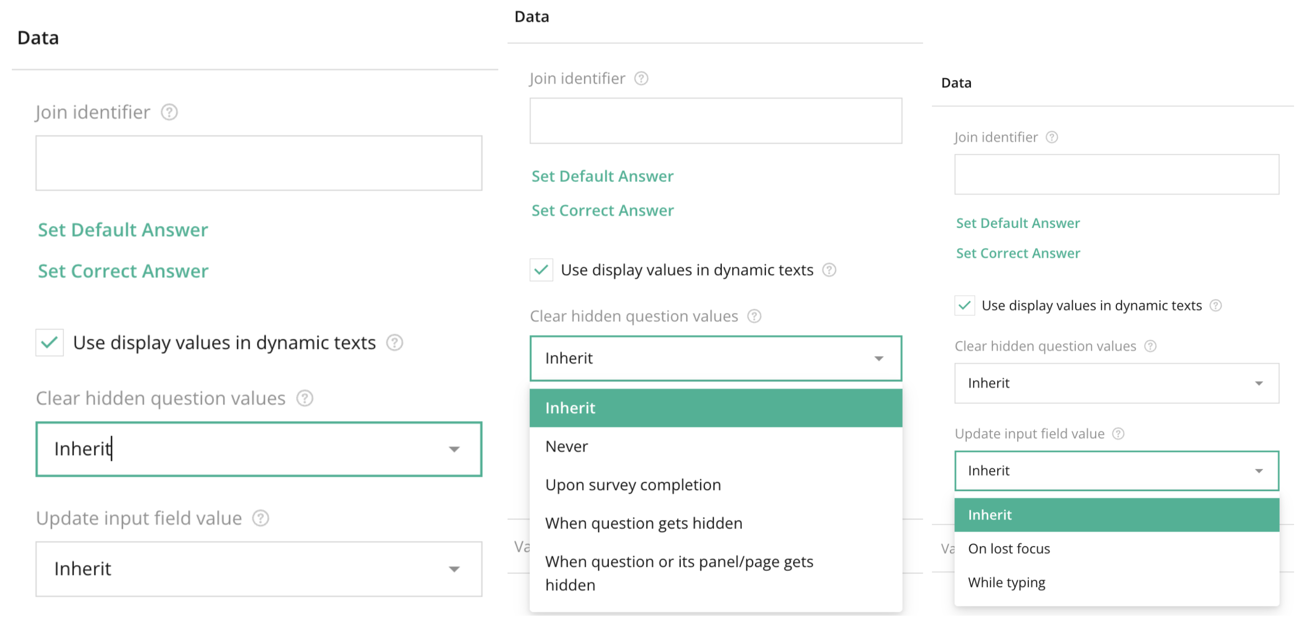 Survey Creator – Right panel – Survey Layout -Individual Question Settings (Question Selected)  – Data Section