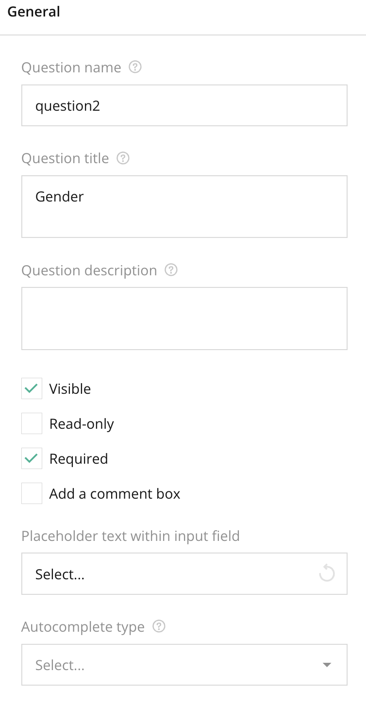 Survey Creator – Right panel – Survey Layout -Individual Question Settings (Question Selected)  – General Section