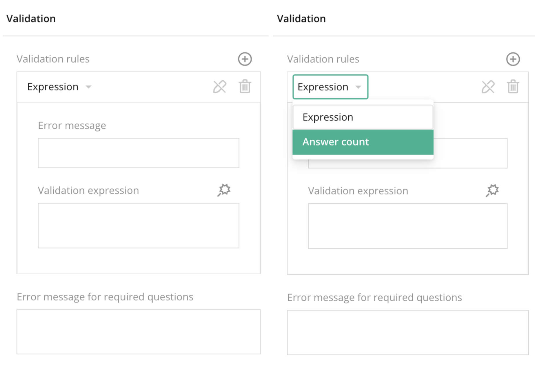 Survey Creator – Right panel – Survey Layout -Individual Question Settings (Question Selected)  – Validation Section