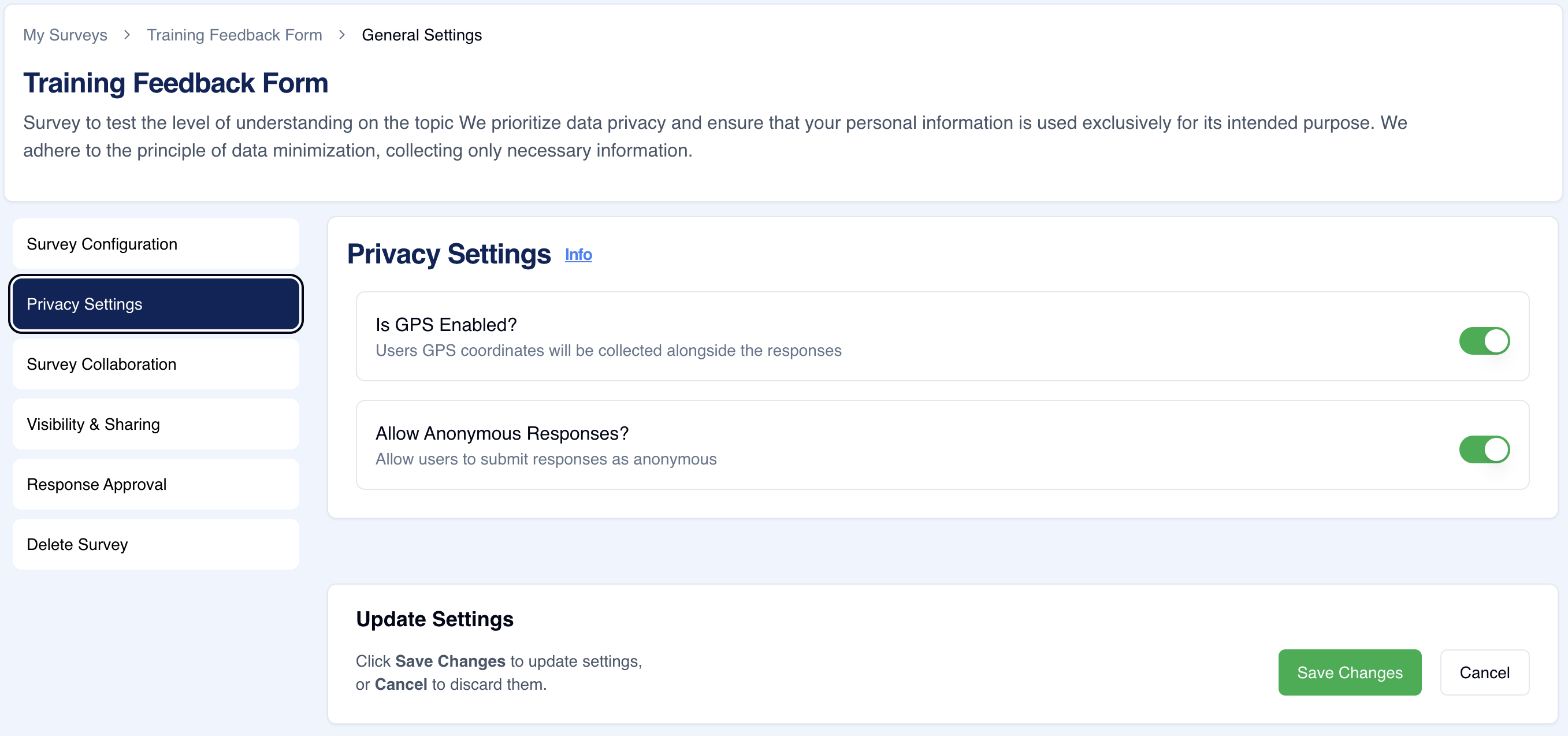 Survey General Settings – Privacy settings 