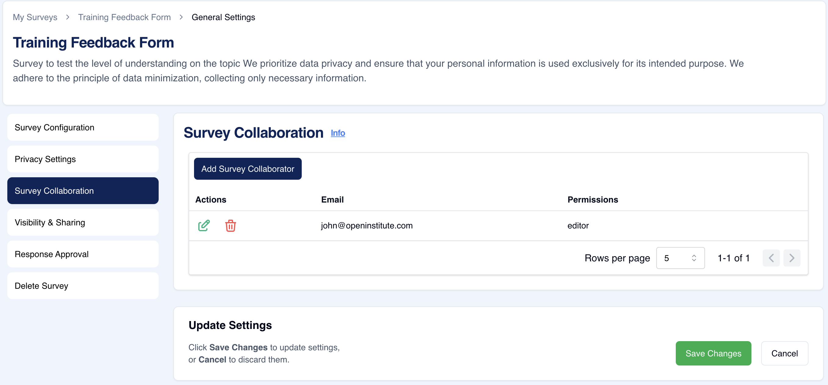 Survey General Settings – Survey Collaboration settings 