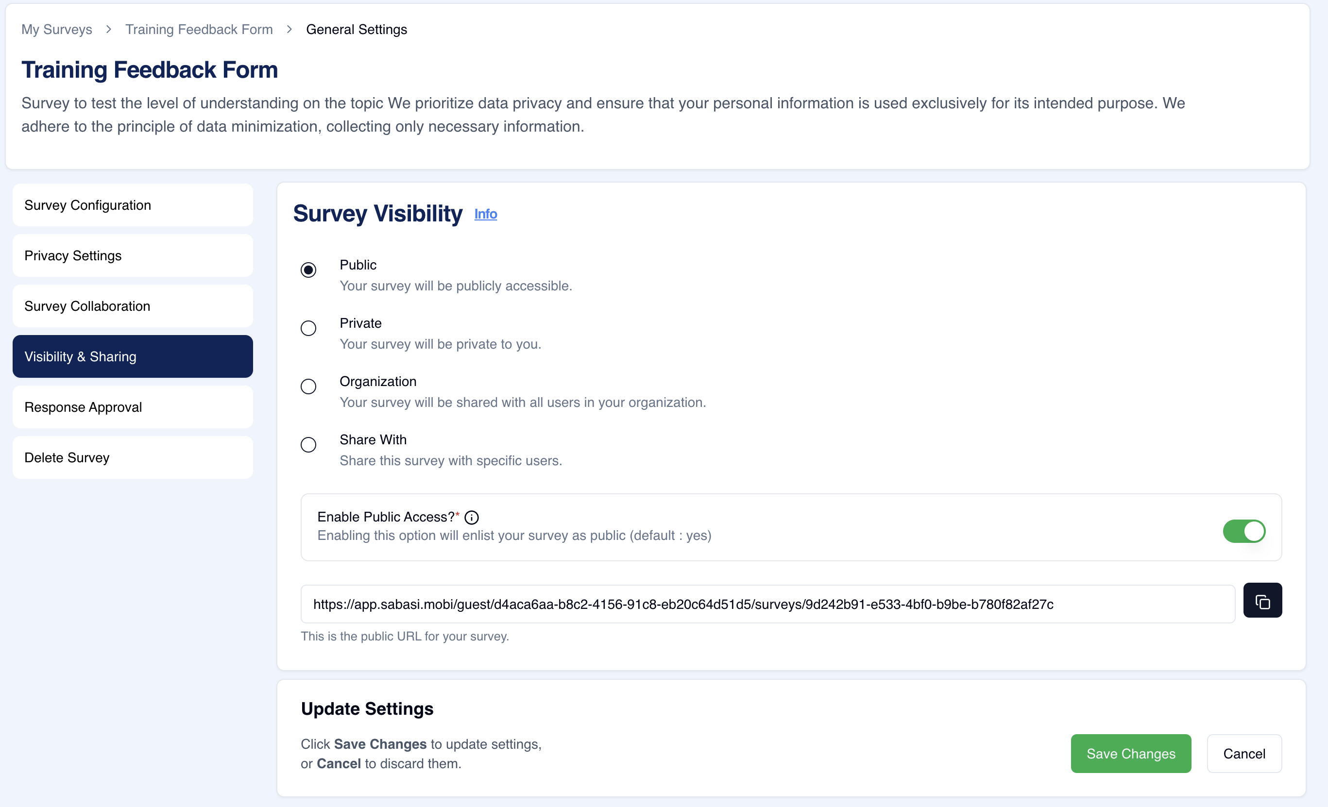 Survey General Settings – Survey visibility 