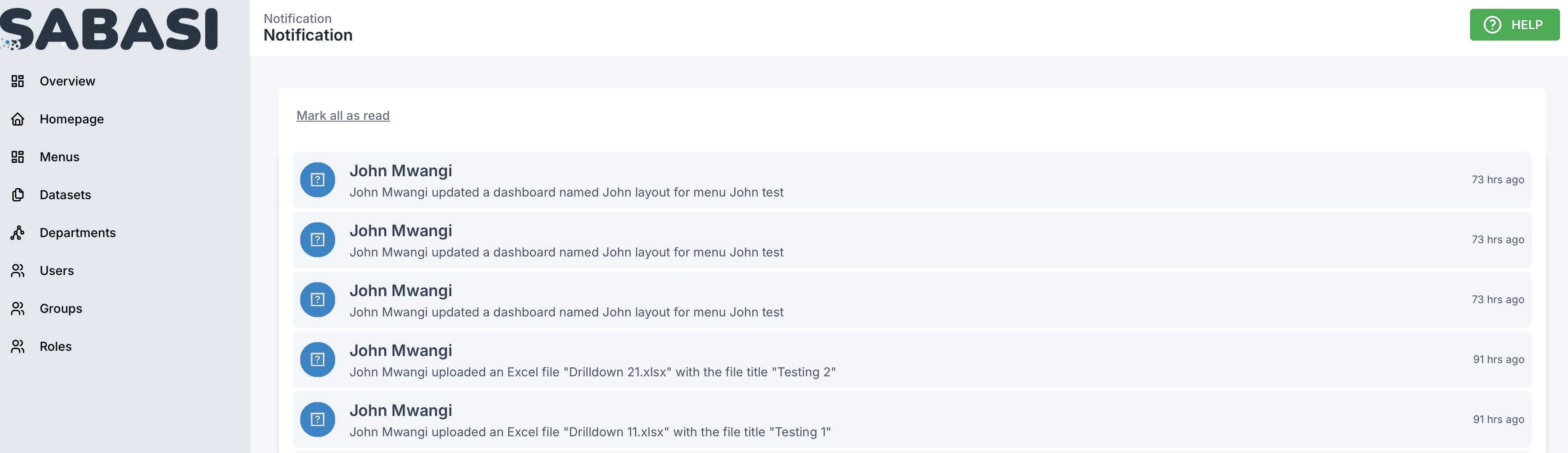 Notifications on the Sabasi Dashboard